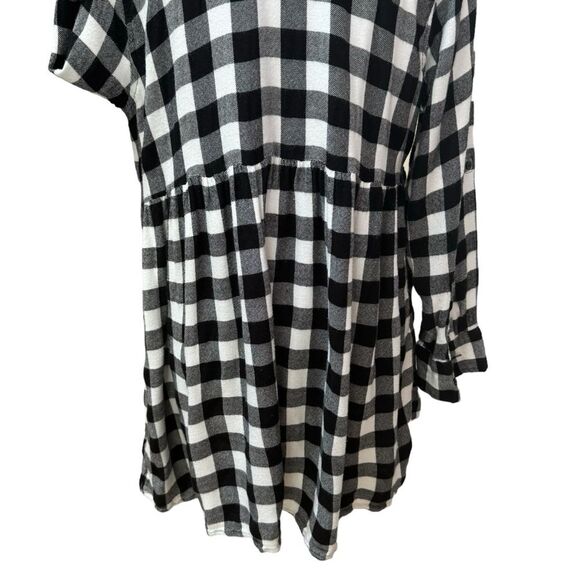 Buffalo Plaid Black White Button Down Long Sleeve Shirt Dress‎ - Picture 4 of 8